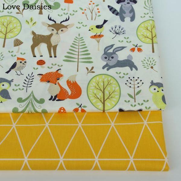 

100% cotton twill cartoon animals deer forest yellow tri angle fabrics for diy kids crib bedding sheet handwork, Black;white