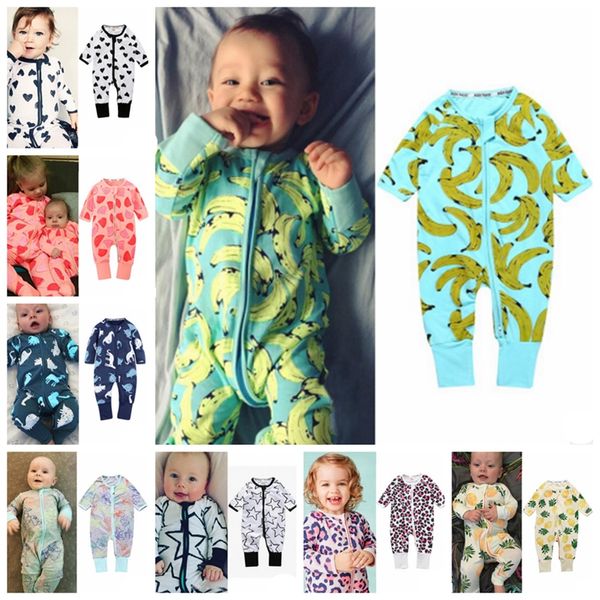 INS Bebek Tulum Pamuk Boy Pijama Uzun Kollu Bebek Kız Tulumlar Kalp Muz Baskılı Pijama Bebek Giyim 37 Tasarımlar DHW1700