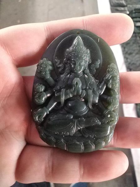 

tjp natural carved thousand hands guanyin buddha jade pendant china avalokitesvara green necklace pendants with rope necklace, Silver