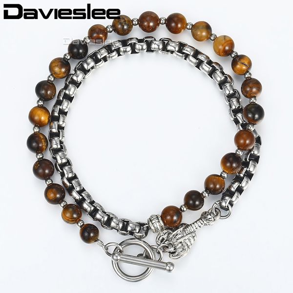 

davieslee mens beaded bracelet natural tiger eye stone stainless steel round box link gunmetal tone double layered brown db62, Black