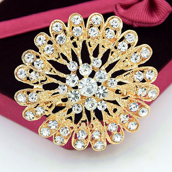100% di buona qualità Moda tono oro Brillante chiaro Austria Cristalli Girasole Matrimonio Bouquet da sposa Bella spilla Abito da donna Spilli per gioielli