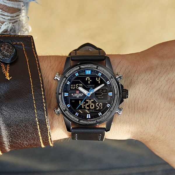 

naviforce brand men sport watches leather led digital quartz wrist watch waterproof fashion clock relogio masculino, Slivery;brown