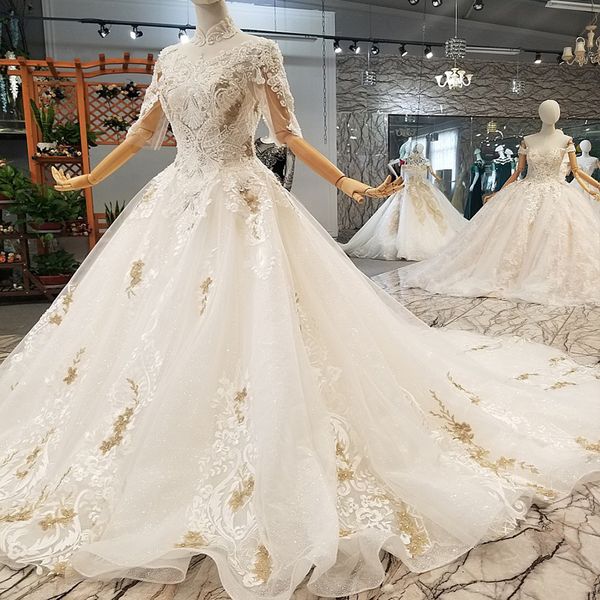 

luxury lace applique wedding dress golden flowers high neck half sleeves sequined wedding gown with long train open keyhole back, White