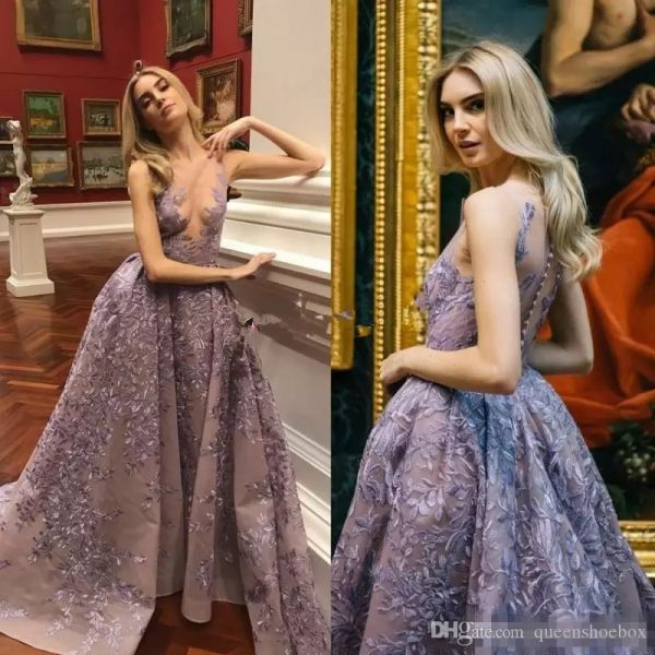 

paolo sebastian 2019 elegant evening dresses lavender sheer deep v neck appliqued sweep train tulle customized overskirt formal prom dress, Black;red
