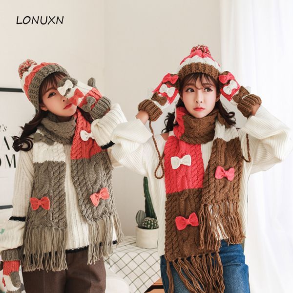 

4 colors 3 pieces/lot new hat + scarf + glove female korean hooded collar winter warm and comfortable one gift set, Blue;gray