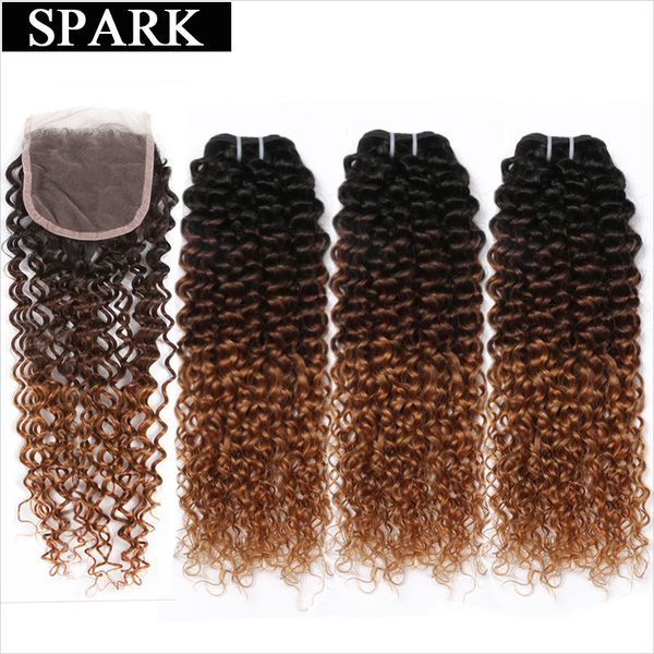 

spark ombre brazilian kinky curly weave human hair bundles with lace closure part t1b/4/30 remy hair 3 bundles with closure, Black;brown