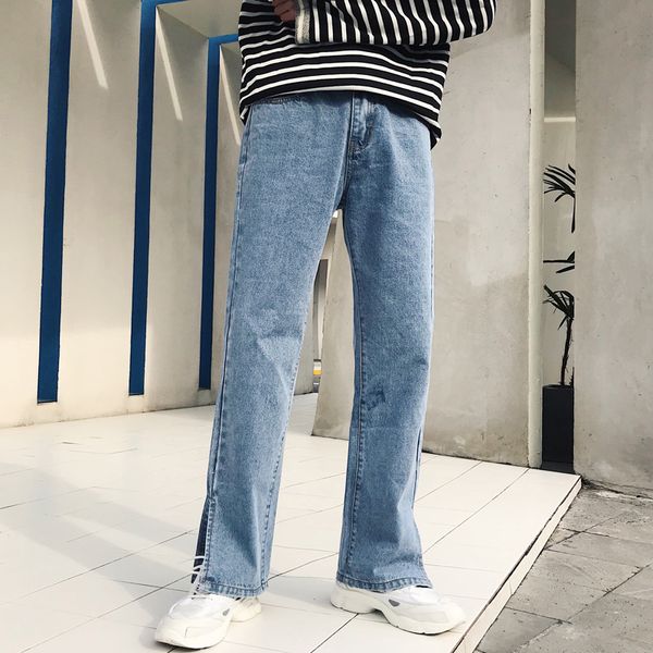 

new 2018 spring nattier blue vintage casual low-waisted wide slit straight-leg loose pants men pocket cowboy trousers male s-xl