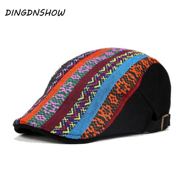 

dingdnshow] 2018 brand berets cap cotton striped visors hat men vintage flat hat for women driving, Blue;gray