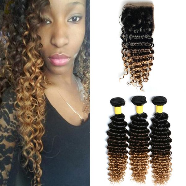 

3 tone deep wave bundle with clo ure ombre 1b 4 27 human hair bundle and clo ure deep curly ombre hair weave with clo ure