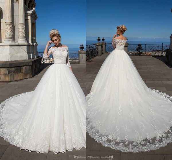 

white wedding dresses half sleeves lace appliques off shoulder tulle a line bridal gowns covered button