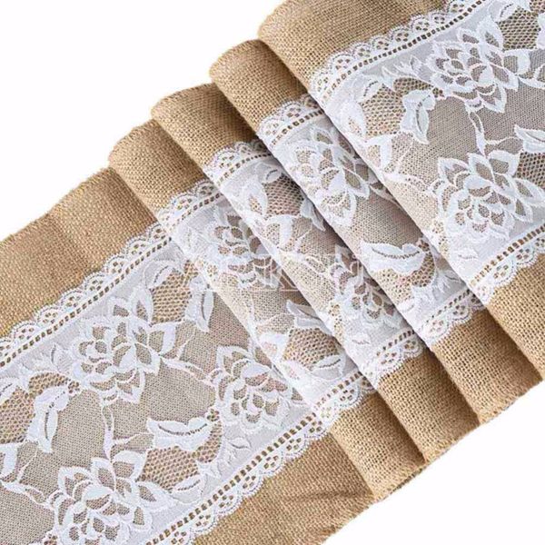 

10pcs 30x275cm vintage burlap lace hessian table runner natural jute weddding decor