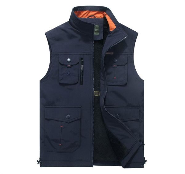 

clothing men vest fashion multi-pockets vest male outerwear stand collar mens warm fleece waistcoat polyester vest, Black;white