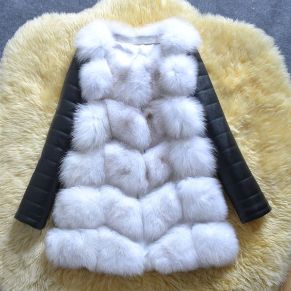 

uppin new big sizes fur coat with pu leather sleeves women winter faux fur jacket ladies autumn fashion warm outerwear coats, Black