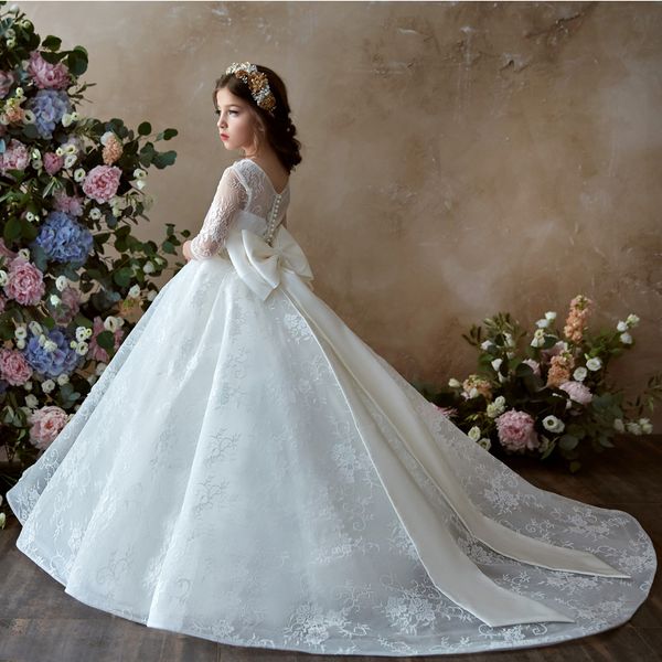Миниатюрные свадебные платья 2018 3 квартал длинные рукава большой лук назад длинные Первое причастие платье для маленьких девочек цветы ручной работы