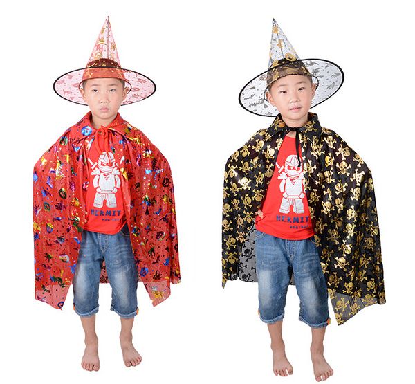 

Child Cloaks Hat Suits Wizard Cape Costume Party Witch Halloween Cap Skeleton Print Gown Robe Teenager Cosplay Costumes Accessories