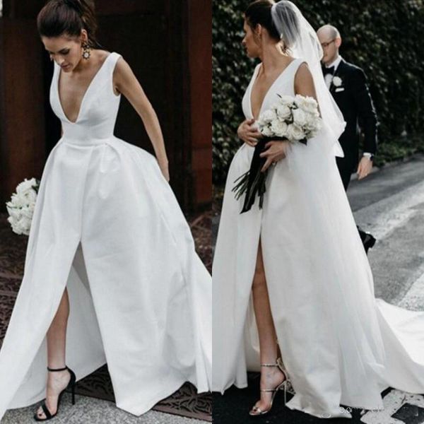 

deep v neck satin wedding dresses long front split backless bridal dress sleeveless simple wedding gowns beach vestidos, White