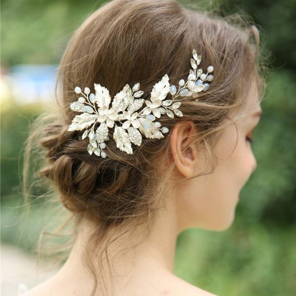 Delicate Handmade Silver Leaf Hair Clip Comb Rhinestone Bridal
