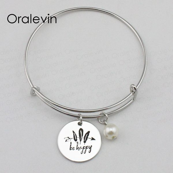 

be happy inspirational hand stamped engraved custom charm round pendant wire bracelet bangle gift jewelry,10pcs/lot, #ln2339b, Black