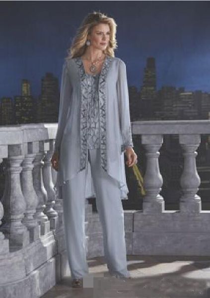 

2019 Mother of the Bride Suit Three-Pieces Plus Size Groom Prom Wear Long Sleeves Cheap Chiffon Wedding Guest Dresses Prom Suit for Mother