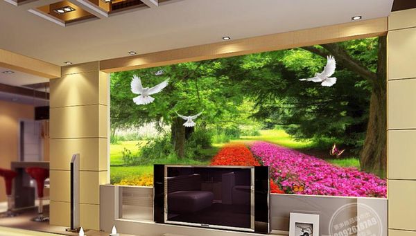 Personalizado 3D Mural Papéis de parede Grande árvore Voando Pombo Flower TV Backdrop Papel de Parede 3D papel de parede para sala de estar Wall Papers Home Decor