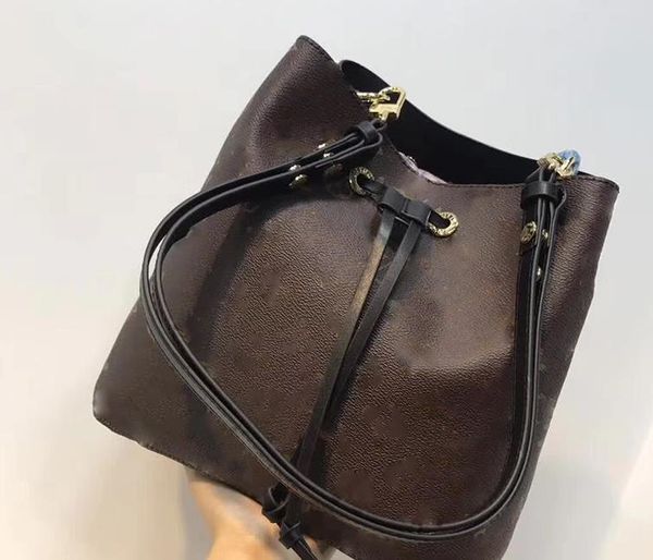 

2019 fashion genuine leather bucket bag women famous designer drawstring handbags flower printing crossbody purse