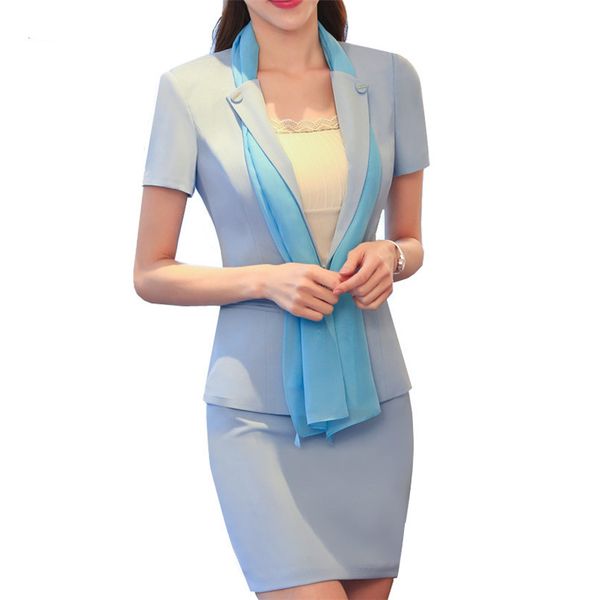 

2017 summer slim office uniform designs woman business suit scarf collar blazer+skirts, White;black