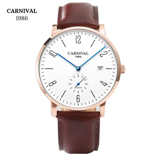 

fashion super slim mechanical watches brand carnival automatic watch men with calendar small second dial waterproof sapphire, Slivery;brown