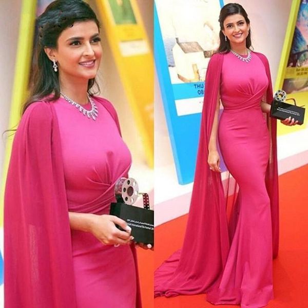 

elegant mermaid evening dresses fuchsia jewel neck satin sweep train prom dress with long chiffon wrap, Black;red