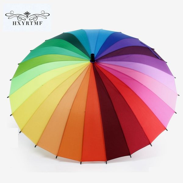 

24k rib color rainbow fashion long handle straight anti-uv sun/rain stick umbrella manual big parasol