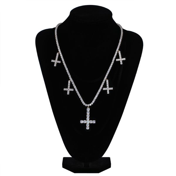 

iced out cross pendant necklace tennis chain five cross gold silver color cubic zircon copper chain men hiphop jewelry gift