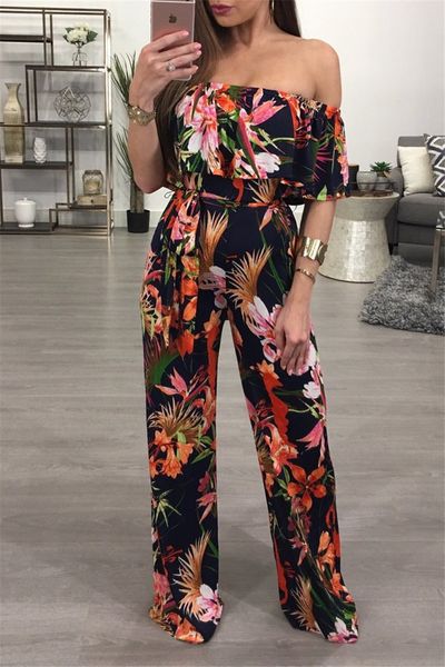 

Fashion Sexy Strapless Long Jumpsuits Broad Leg Pants Floral Printed Boho Casual Women Party Club Jumpsuits Rompers
