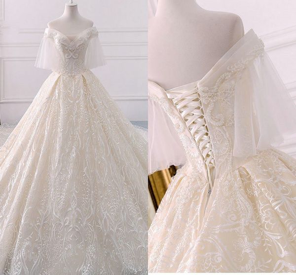 

luxury lace ball gown wedding dresses 2022 boho off shoulder rhinestones beaded sequins court train vintage princess bridal gowns dress, White