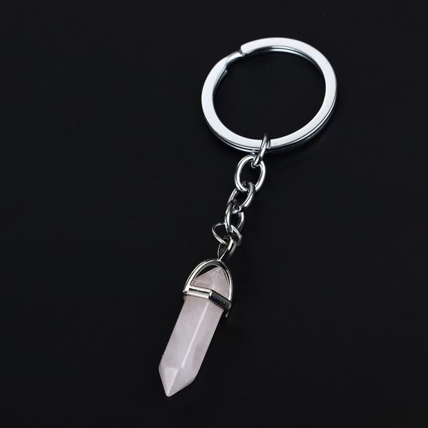 

12pc/lot pink quartz natural stone charms keychain women men bff friends family jewelry keyring gifts for car bags keyfob, Silver