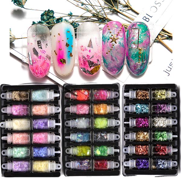

12bottles nail flakes set seashell gradient candy nails wrapper fluorescent pigment strontium powders nails art decoration, Silver;gold
