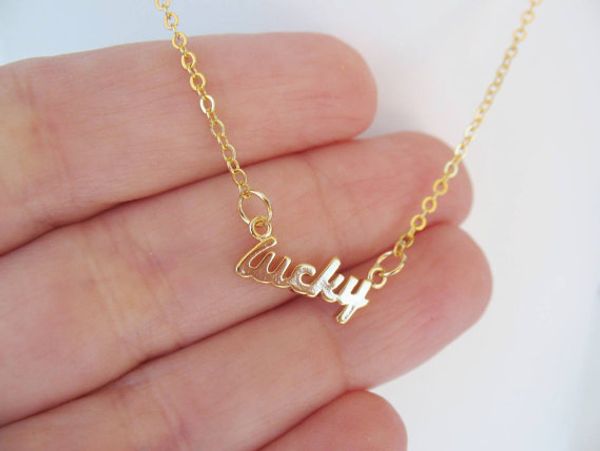 

30pcs tiny stamped lucky letters necklace gold silver lucky word pendant good luck necklaces for friends gifts
