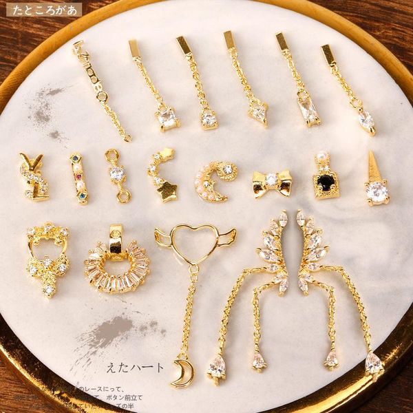 

latest 5pcs alloy zircon nail art decoration luxury zircon rhinestone tassel/heart/wing nails jewelry level long nail charms, Silver;gold