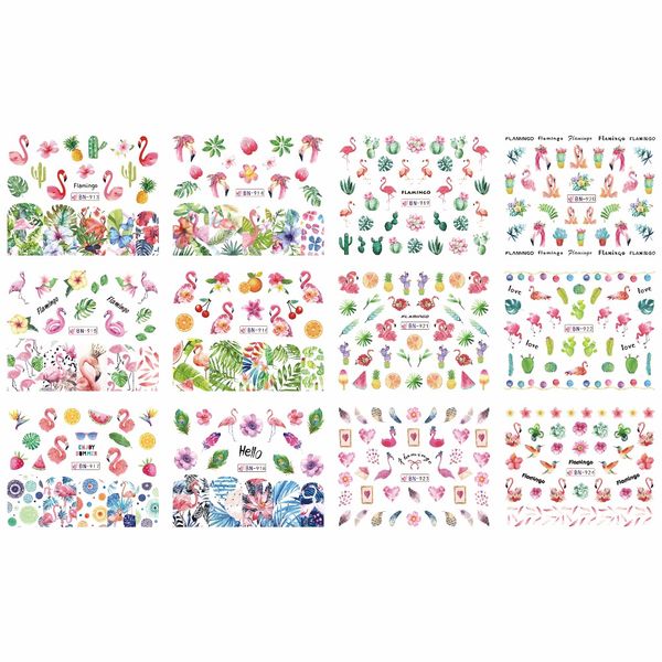 

uprettego 12 packs / lot nail art beauty water decal slider nail sticker tropical palm flamingo bird cactus pine apple bn913-924, Black