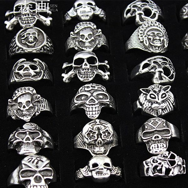 

senhua wholesale lots 25pcs mixed cool boy mens jewelry biker gothic style antique silver skeleton skull rings for halloween gift mr88, Golden;silver