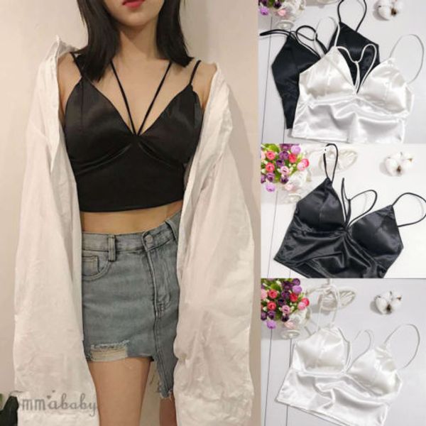 

women padded outwear satin silk strap vests camis wrap chest crop summer new, White