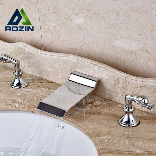 2016 New Chrome Waterfall Bath Sink Faucet Widespread 3 Holes