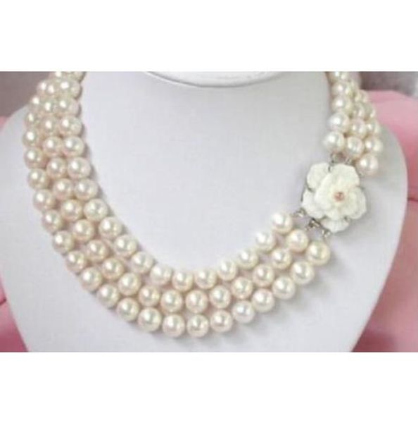 

charming 3row 9-10mm natural white south sea pearl necklace 17-19inch, Silver