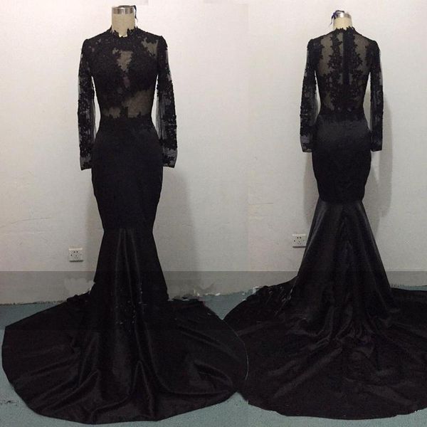

Real Photos 2017 Lace Black African Mermaid Prom Dresses Long Sleeves Illusion Bodice Appliques Lace Evening Gown Plus Size Formal Wear