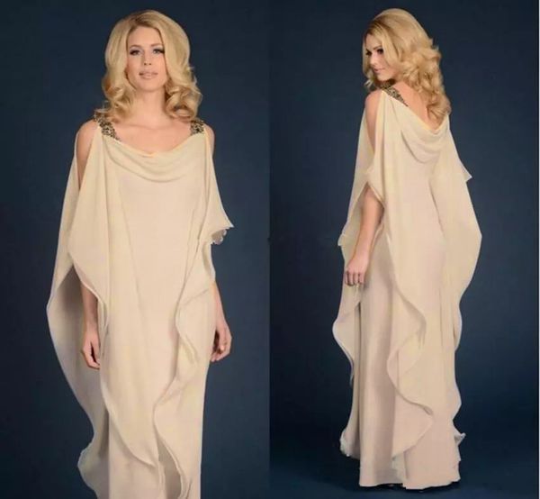 2022 Champagner Mutter der Braut Kleider Neue Chiffon Marineblau Hochzeit Plus Size Perlen gerüscht fließend Mantel bodenlang formeller Abend