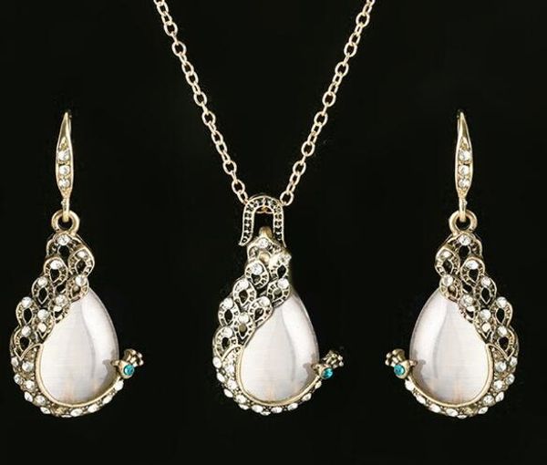 

new european style peacock necklace set opal sweater necklace earrings jewelry set fashion classic elegant, Silver