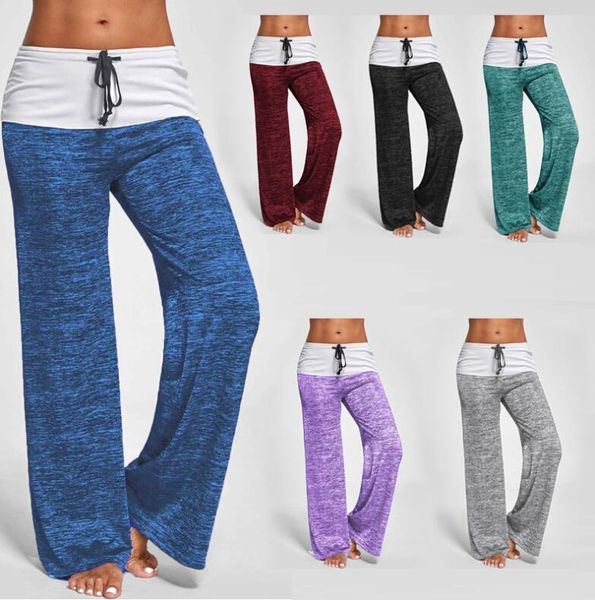 

women patchwork boot cut pant high waist elastic wide leg pants lace up fitness loose dancing yoga pant streetwear, White;red