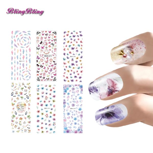 

blingbling cartoon water transfer nail stickers butterfly feather flowers nail art mixed 6sheets sticker decals design for nails, Black