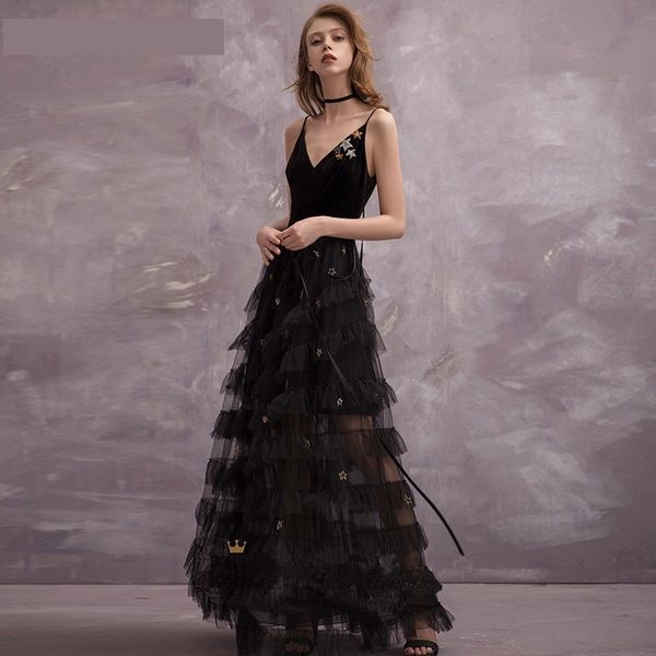 

brand designer women stars embroidered dress 2018 spring autumn adjustable strap layered maxi birthday party ball cocktail evening robe, White;black