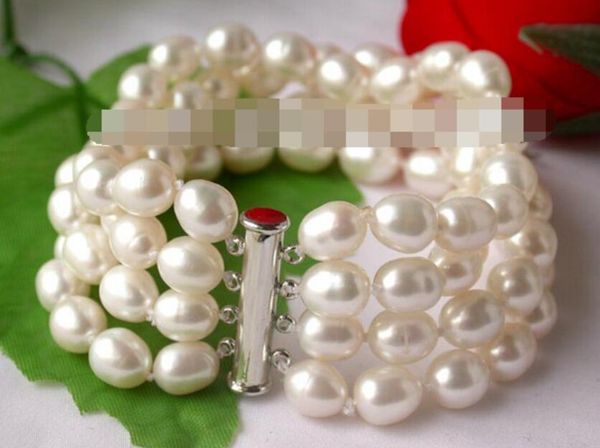 

gt;>>4strands 8" 9mm white freshwater rice pearl bracelet, Golden;silver