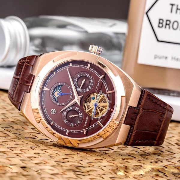 

mens watches leather strap automatic mechanical mens designer watches man 007 james bond male clock tourbillon watch wristwatch, Slivery;brown