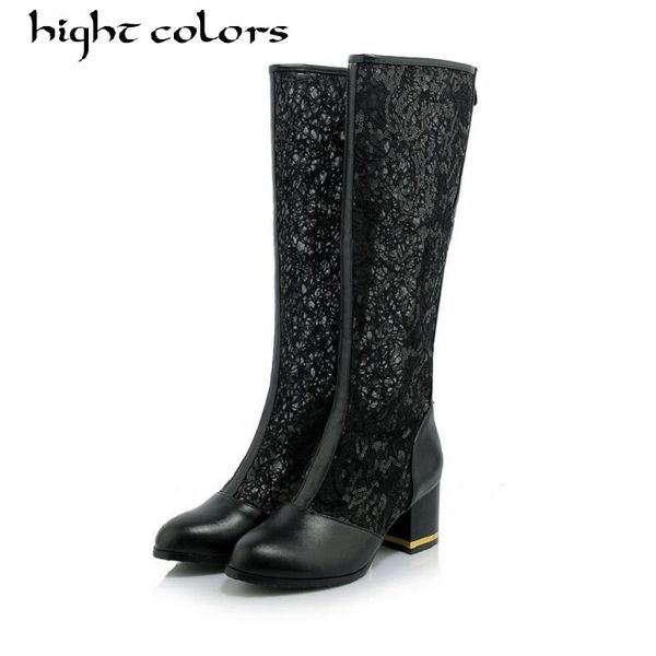 

new spring summer women boots pointed toe lace sequins knee high boots for thick heels zipper womans cool botas mesh breathable, Black